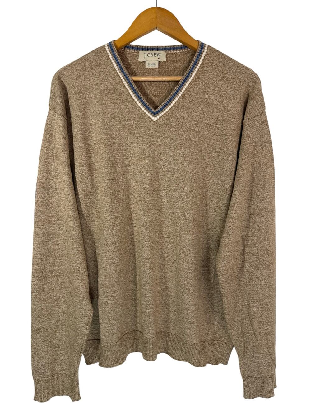 J.Crew Men’s Merino Wool Cotton V-Neck Sweater Tan Brown Blue Trim XL